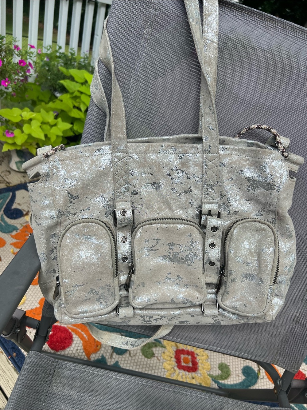 latico Metallic Gray Satchel with Front Zip Pockets